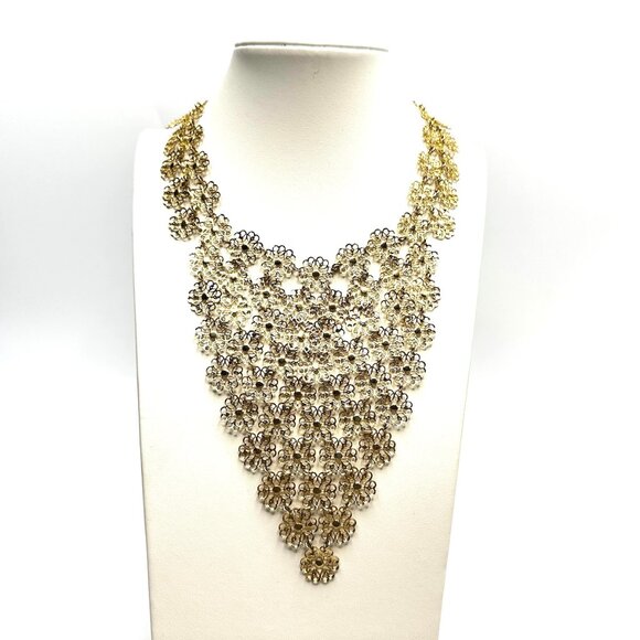 '60s NECKLACE STACK: Gold Geometric Pendant w/Pearls & Vendome Mesh Bib Pairing - Picture 3 of 16